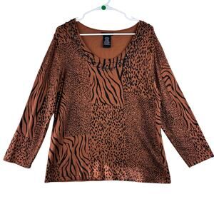 LH Sport Mixed Animal Print Sweater Women's Large Rayon Nylon Blend Soft Beaded